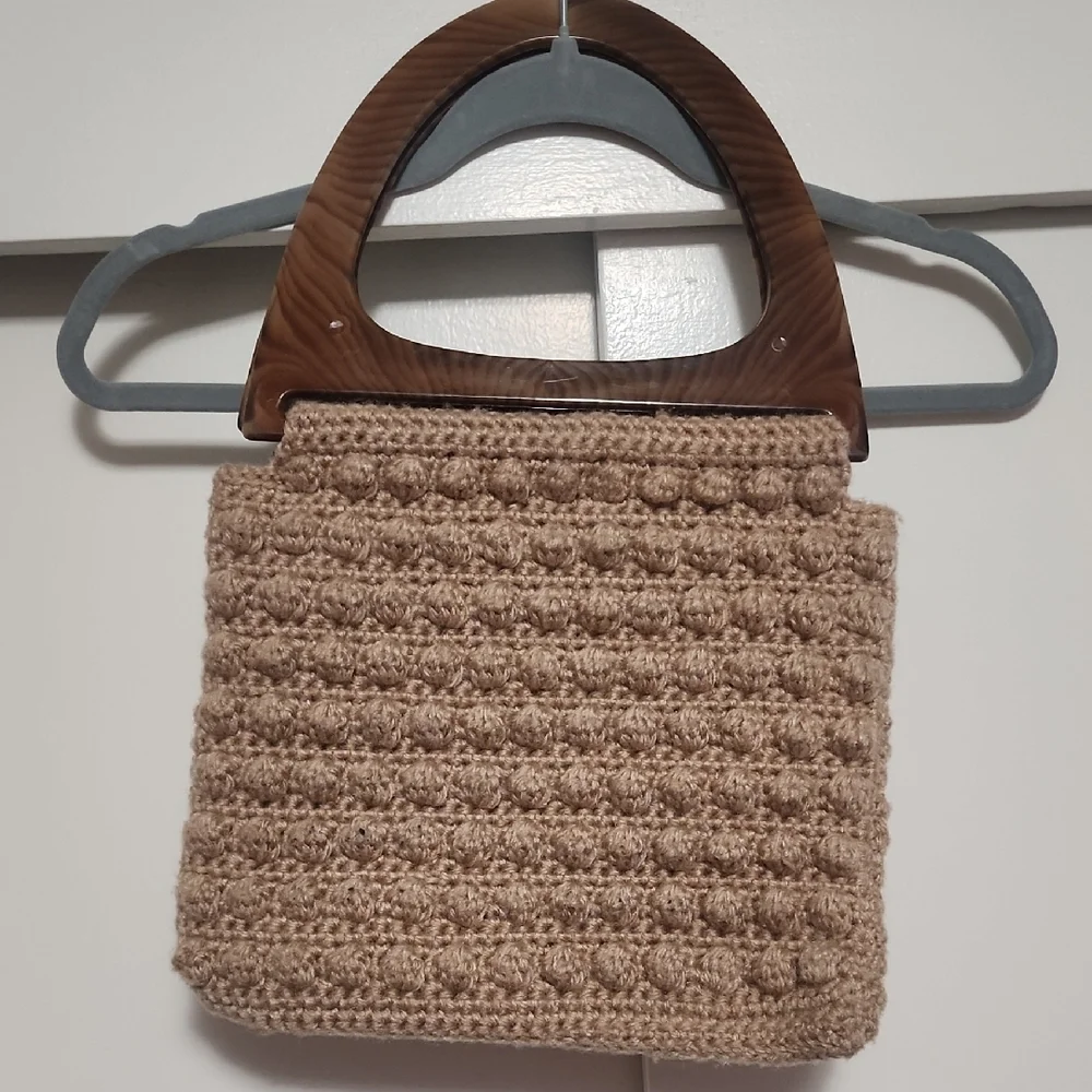 Vintage Hand Crocheted Wooden Handle Bag Coastal Grandma Boho Tote - Picture 9 of 11